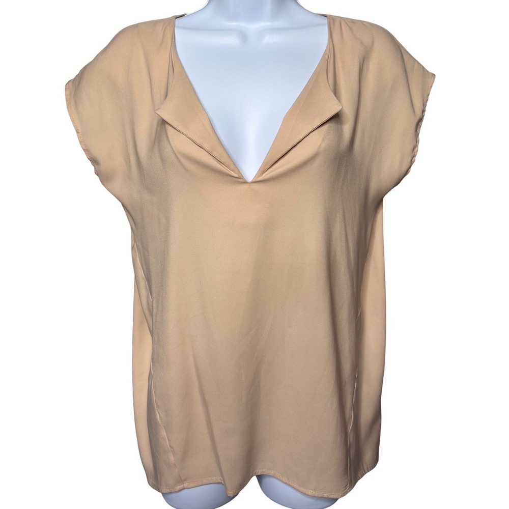 NEW YORK & COMPANY Womens Beige V-Neck Cap Sleeve Blouse Sz S Stretch Neutral
